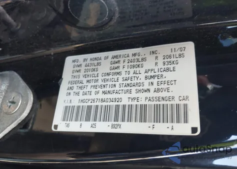 2008 Honda Accord 2.4 Ex from USA, damaged, VIN 1HGCP26718A034920